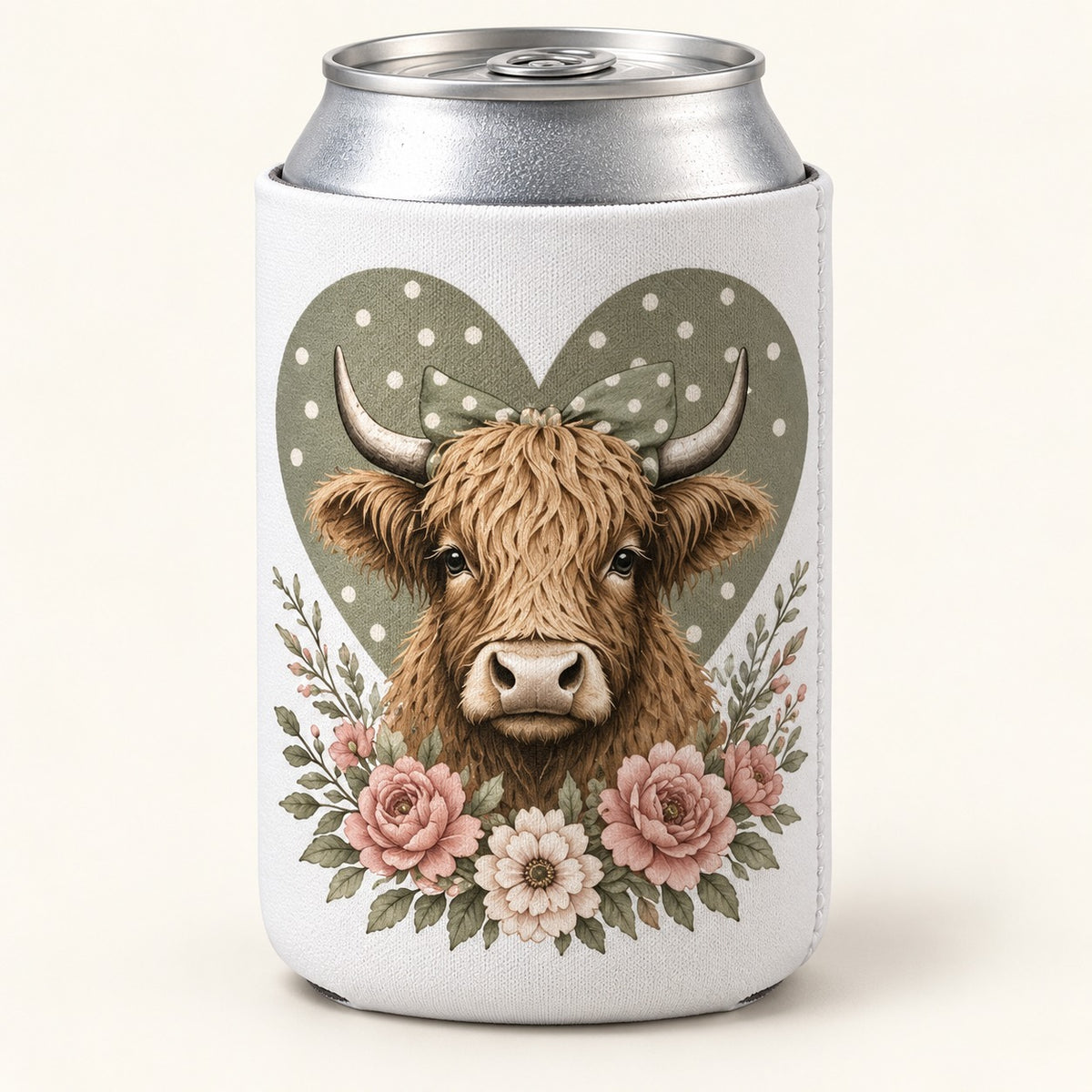 Sage Heart Cow Highland cow stubbie cooler shown around a silver can. One cooler; can not included.