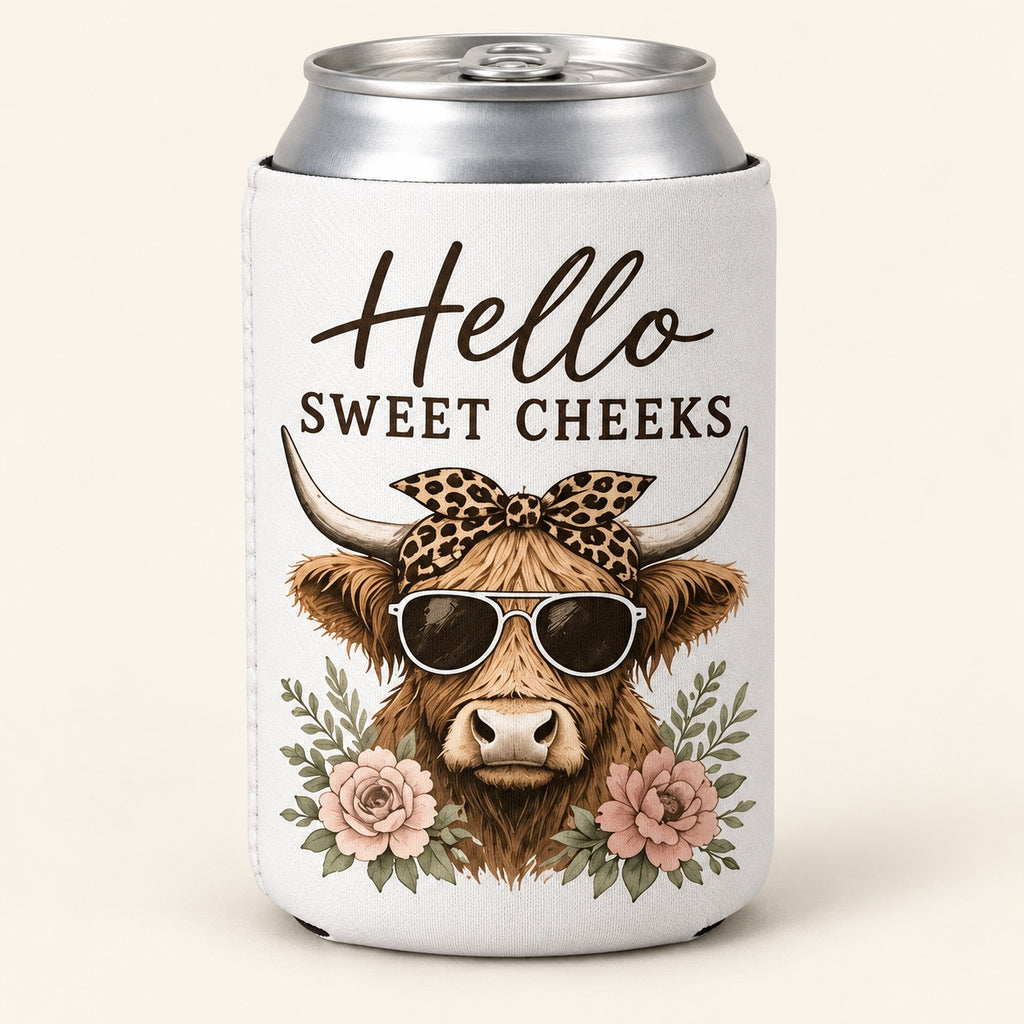 Sweet Cheeks Sunglasses Highland cow stubbie cooler shown around a silver can. One cooler; can not included.