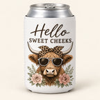 Sweet Cheeks Sunglasses Highland cow stubbie cooler shown around a silver can. One cooler; can not included.