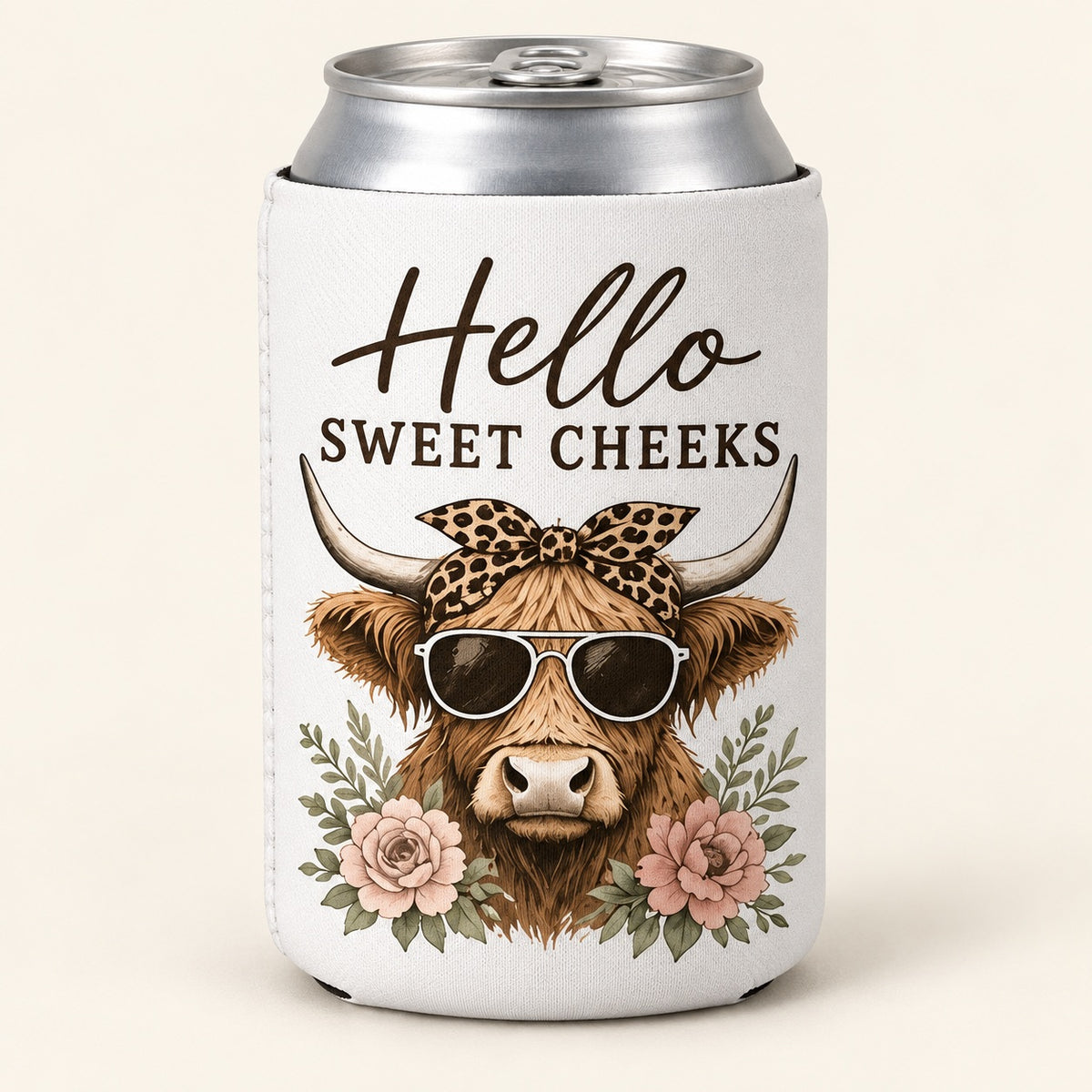 Sweet Cheeks Sunglasses Highland cow stubbie cooler shown around a silver can. One cooler; can not included.