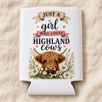 Daisy Highland cow stubbie cooler lying flat without a can, showing the empty sleeve.