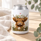 Highland cow daisy stubbie cooler styled with a drink for everyday use. Can and accessories not included.