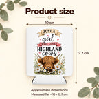 Product size guide for the daisy Highland cow stubbie coolers, showing the flattened sleeve dimensions.