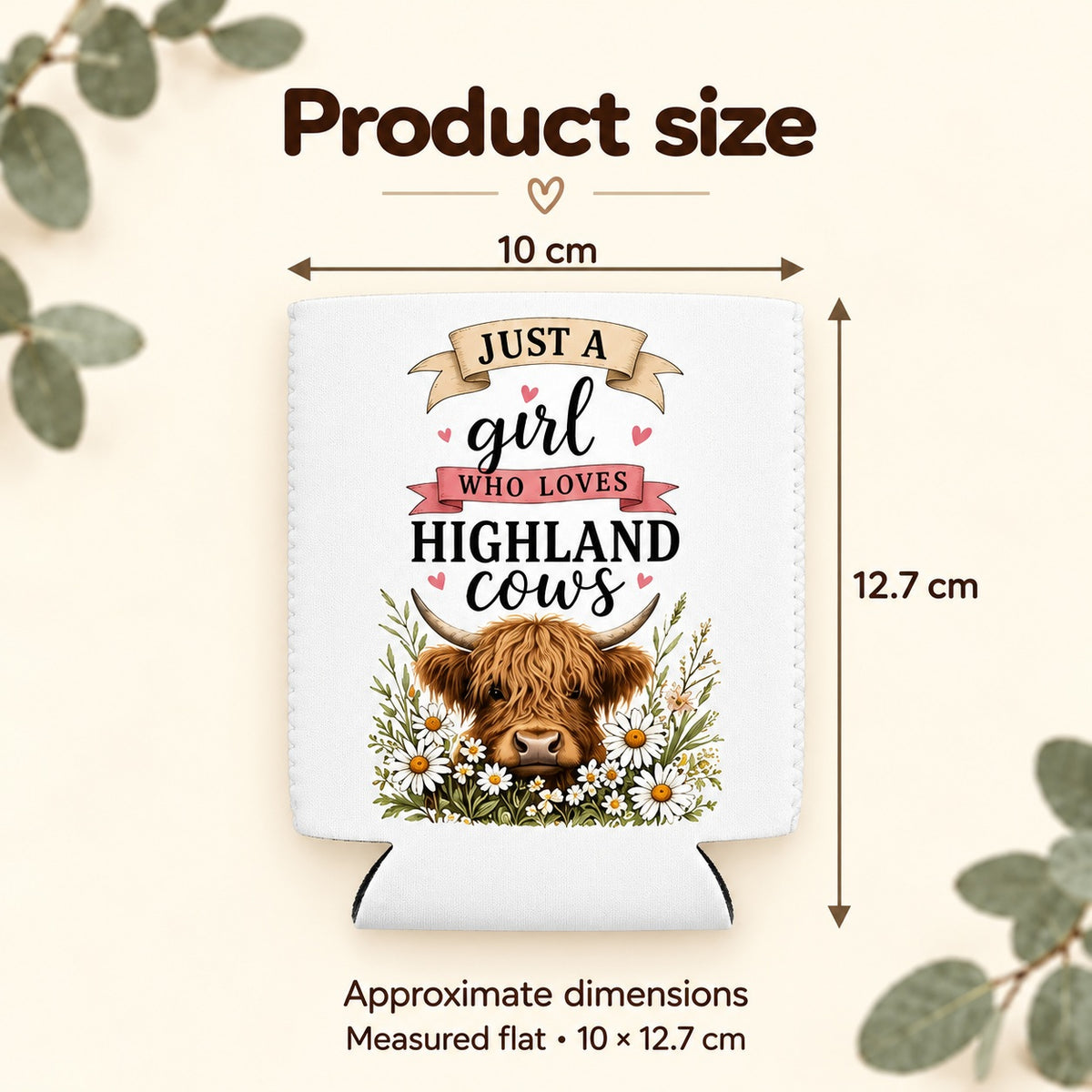 Product size guide for the daisy Highland cow stubbie coolers, showing the flattened sleeve dimensions.