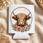Pink floral Highland cow stubbie cooler lying flat without a can, showing the empty sleeve.