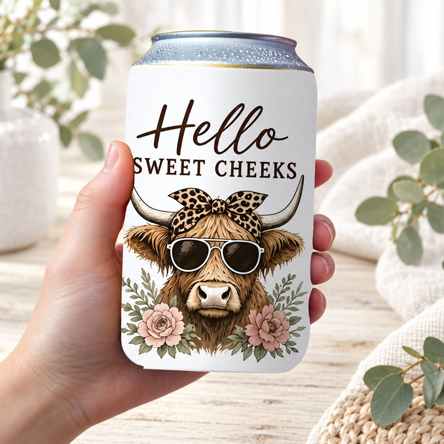 Highland cow mixed stubbie cooler styled with a drink for everyday use. Can and accessories not included.