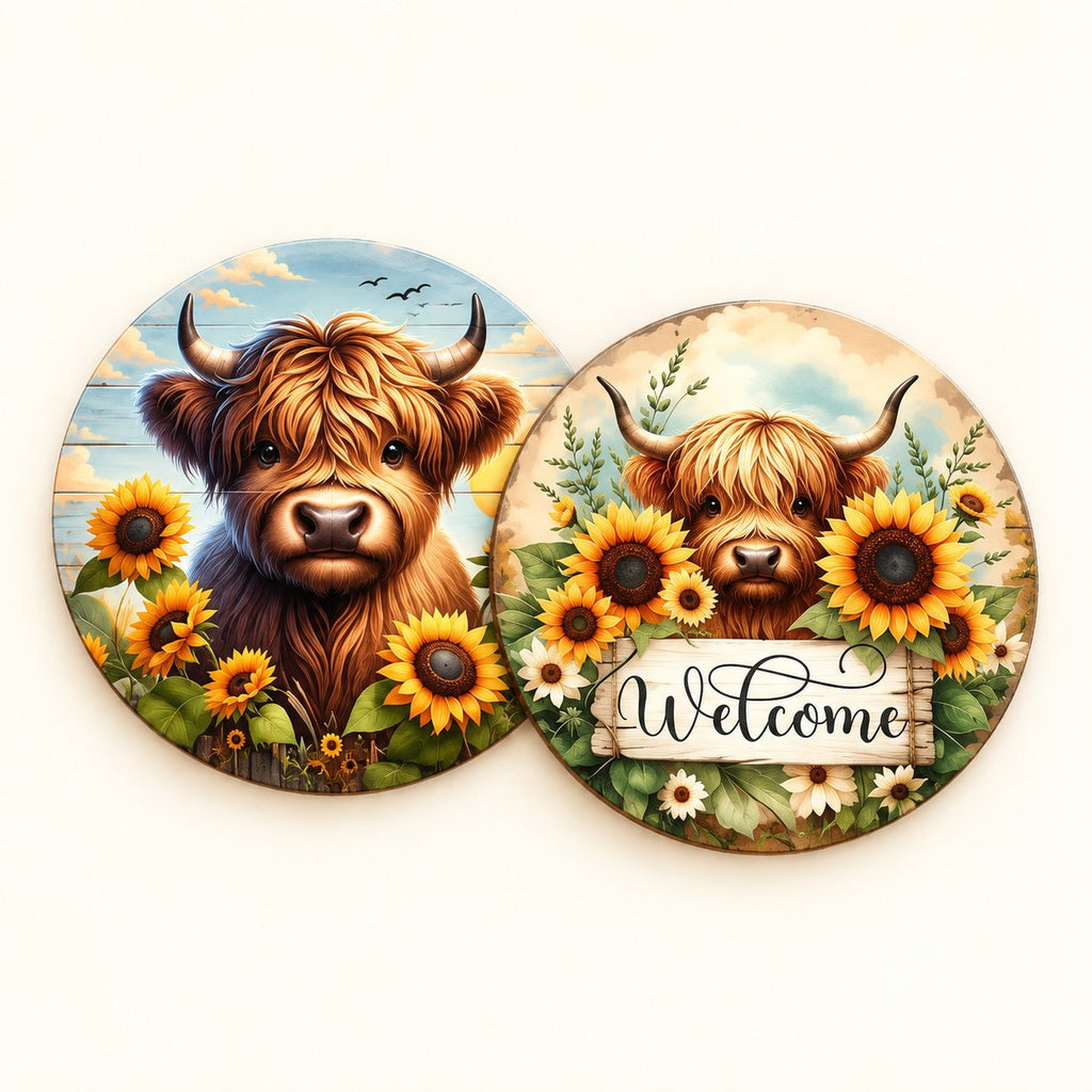 Close-up of two overlapping sunflower coasters showing a Highland cow portrait and the Welcome design on an ivory background.