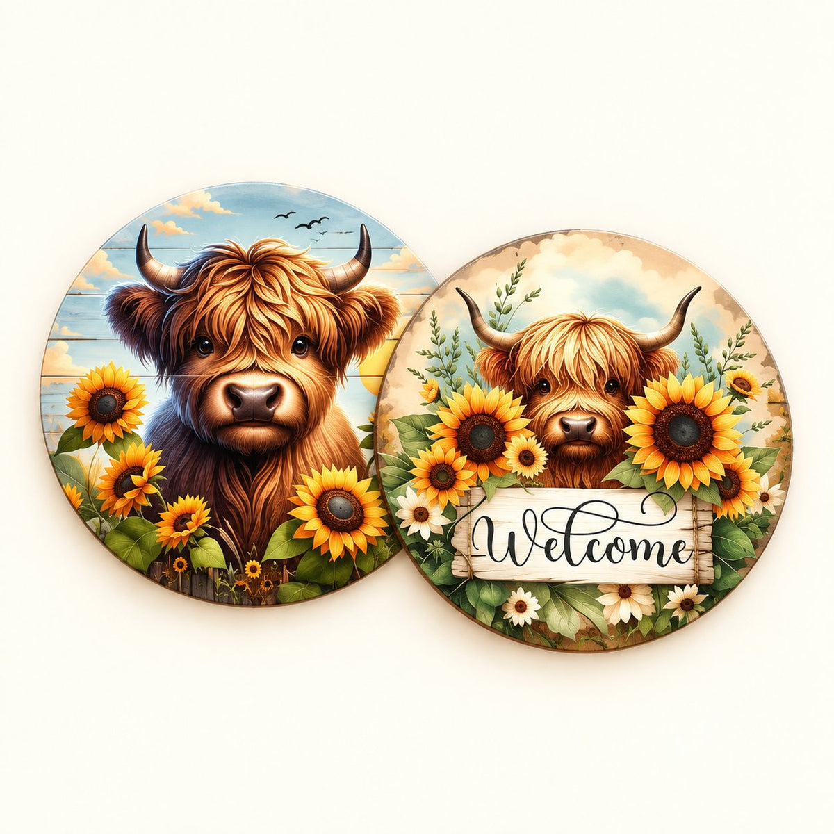 Close-up of two overlapping sunflower coasters showing a Highland cow portrait and the Welcome design on an ivory background.