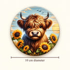 Highland cow sunflower coaster on an ivory background with a dimension guide showing 10 cm diameter.