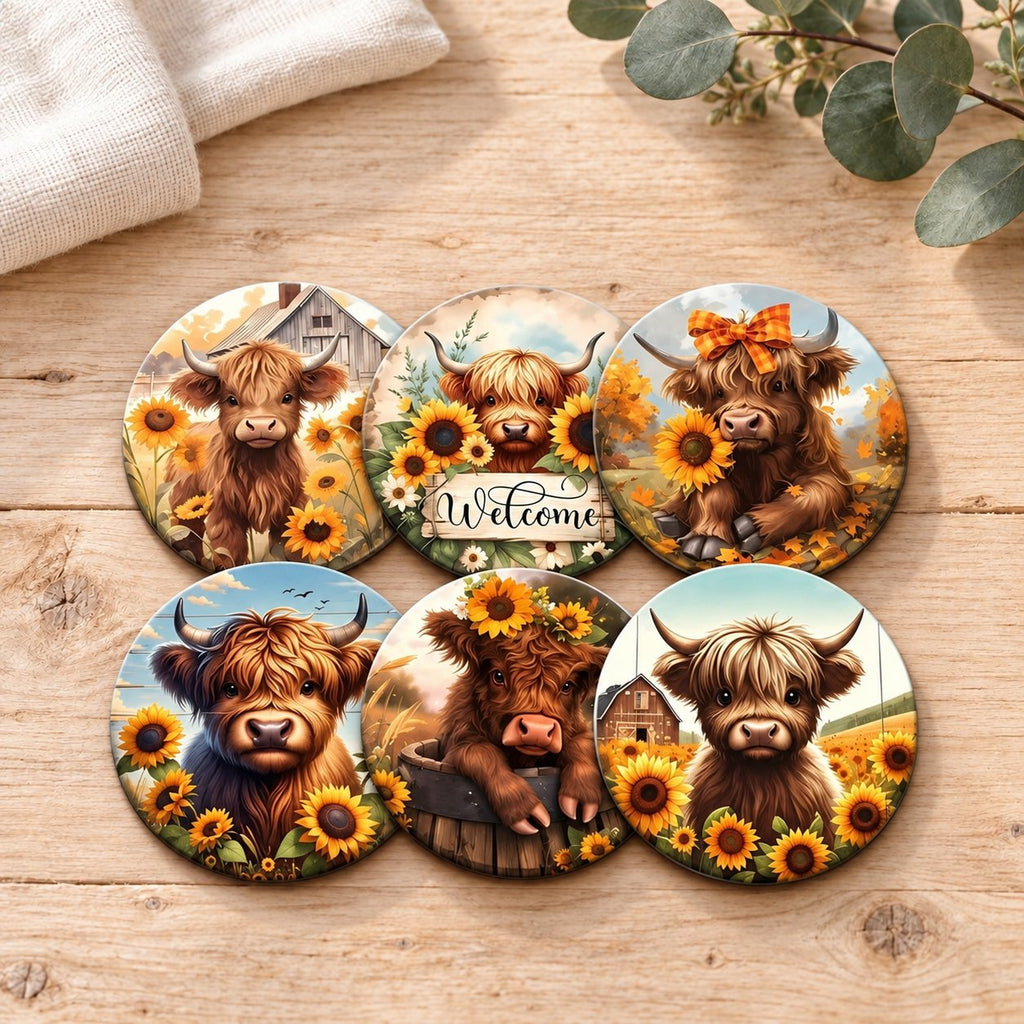 Six Highland cow sunflower coasters on pale timber with cream linen and eucalyptus props, arranged in two overlapping rows.