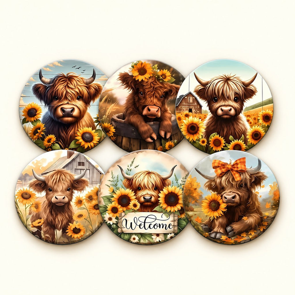 Six round Highland cow sunflower coasters arranged in two overlapping rows on an ivory background, including the Welcome design.