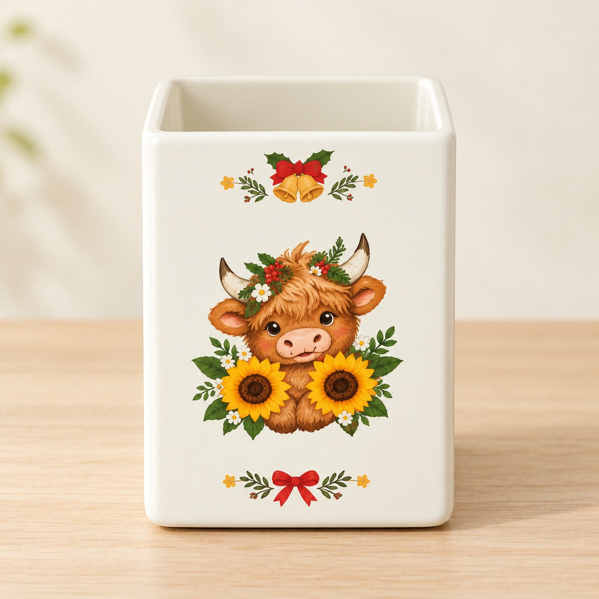 Sunflower Highland Cow Pen & Brush Holder. detail.