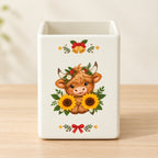 Sunflower Highland Cow Pen & Brush Holder. detail.