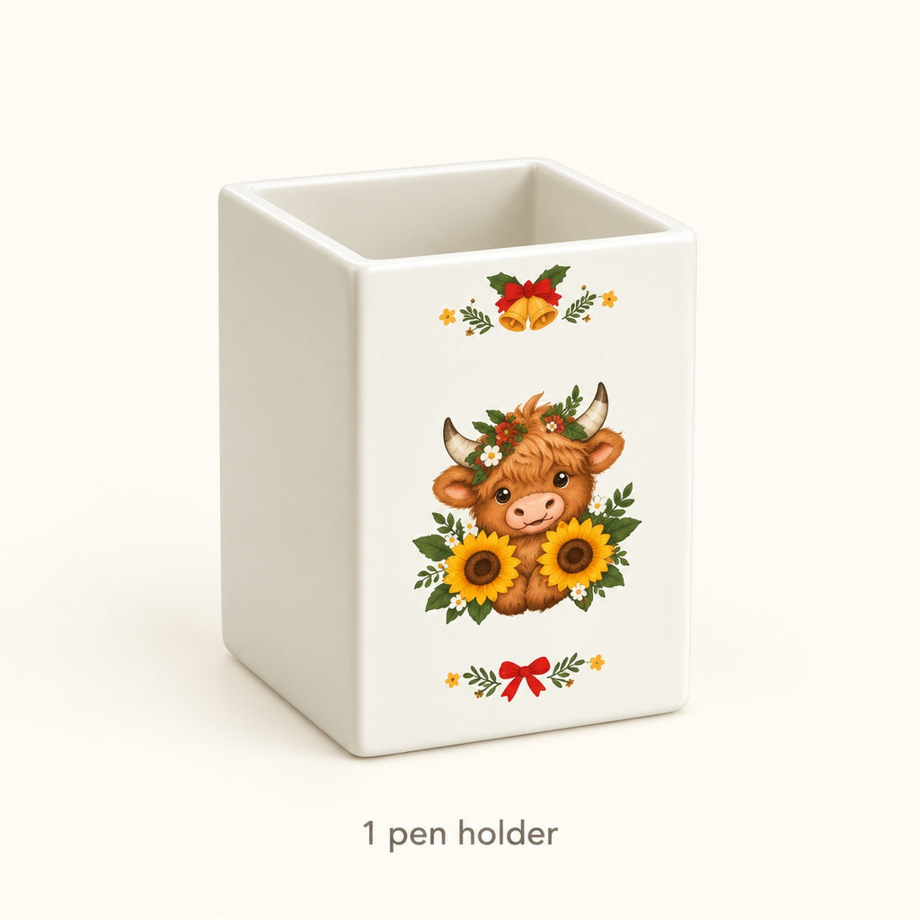 Sunflower Highland Cow Pen & Brush Holder. contents.