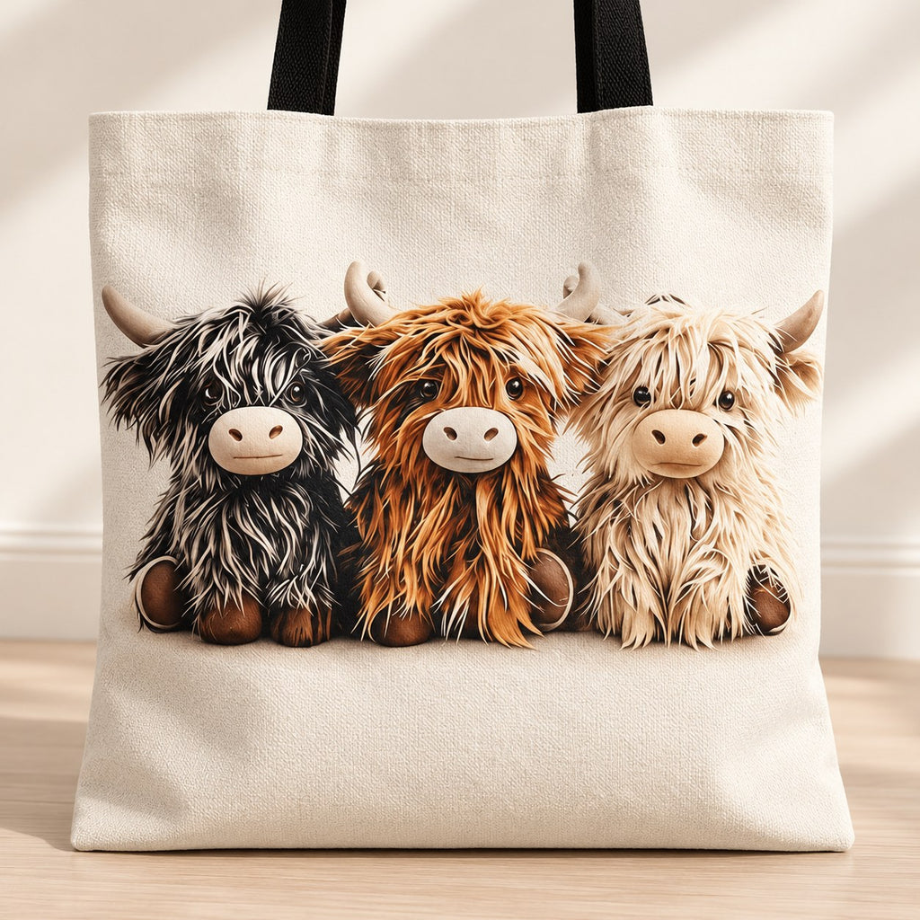 Three Highland Cows Tote Bag. detail.