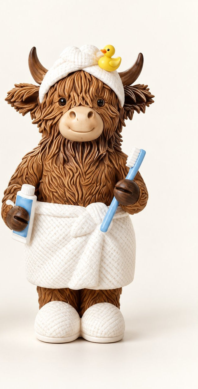 Individual Towel Highland cow figurine with a white waist towel, yellow duck and toothbrush detail. One figurine.