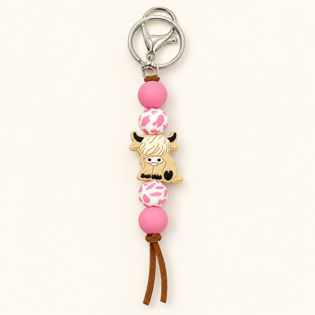 Western Highland Cow Beaded Keyring – Choose Your Colour. pink.