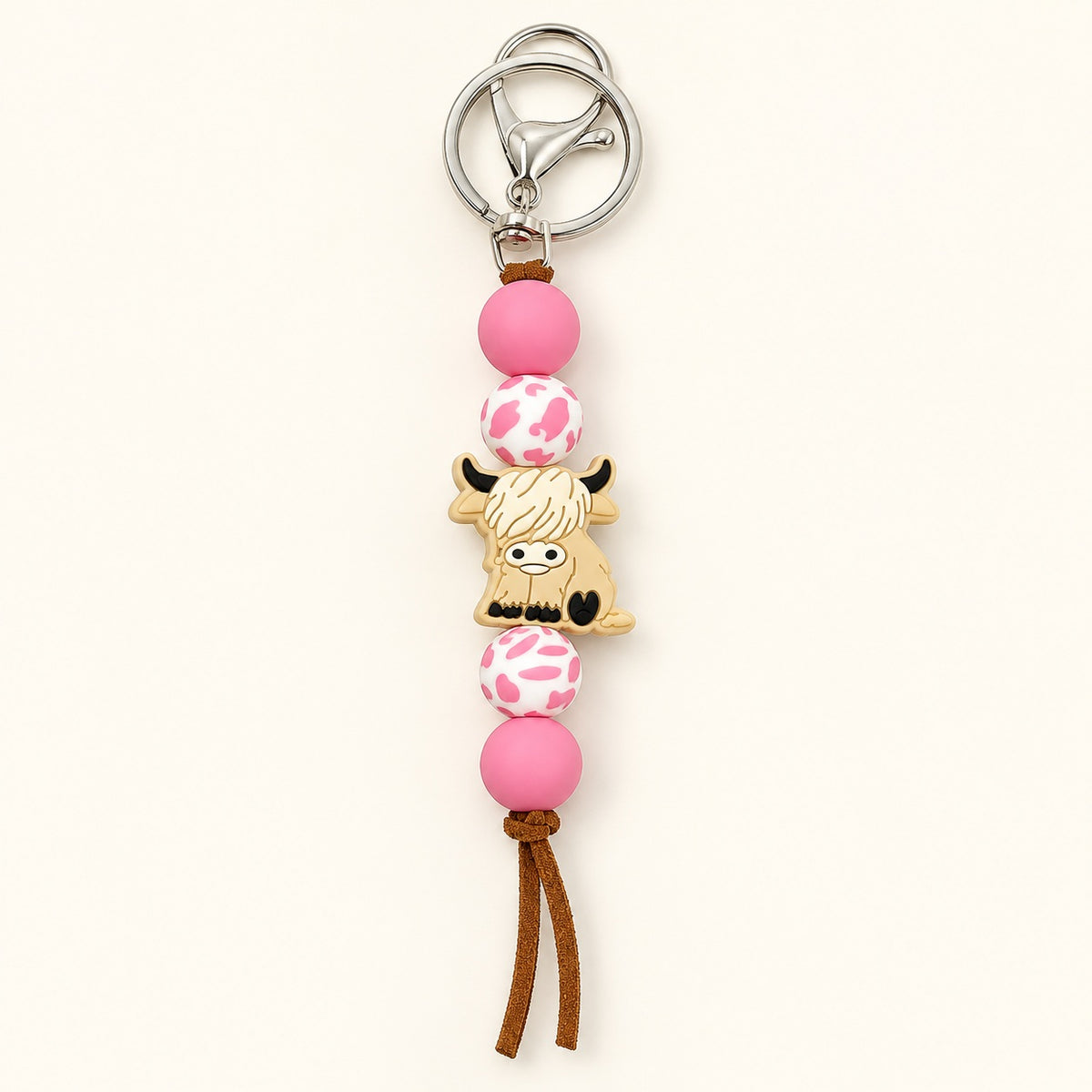 Western Highland Cow Beaded Keyring – Choose Your Colour. pink.