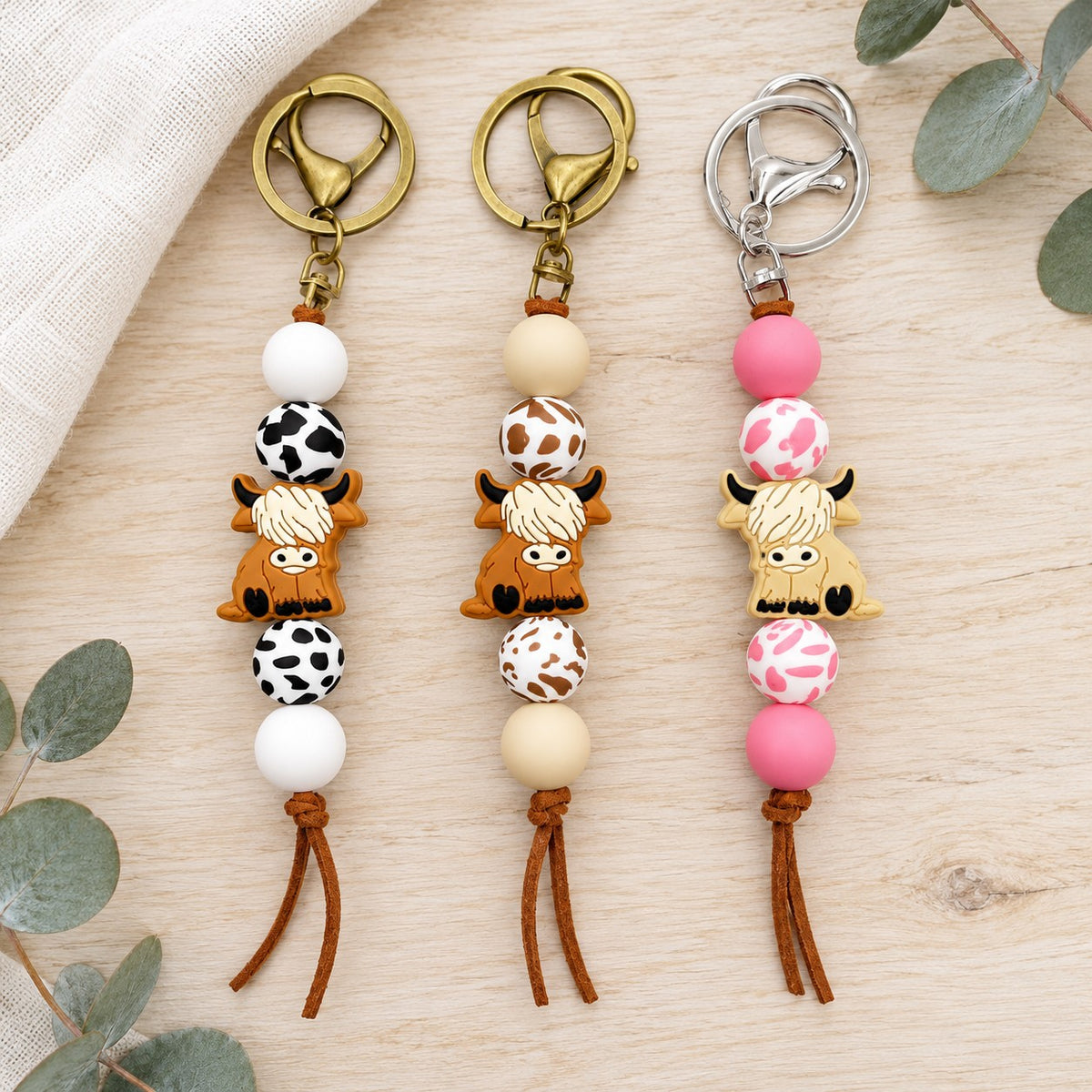 Western Highland Cow Beaded Keyring – Choose Your Colour. lifestyle.