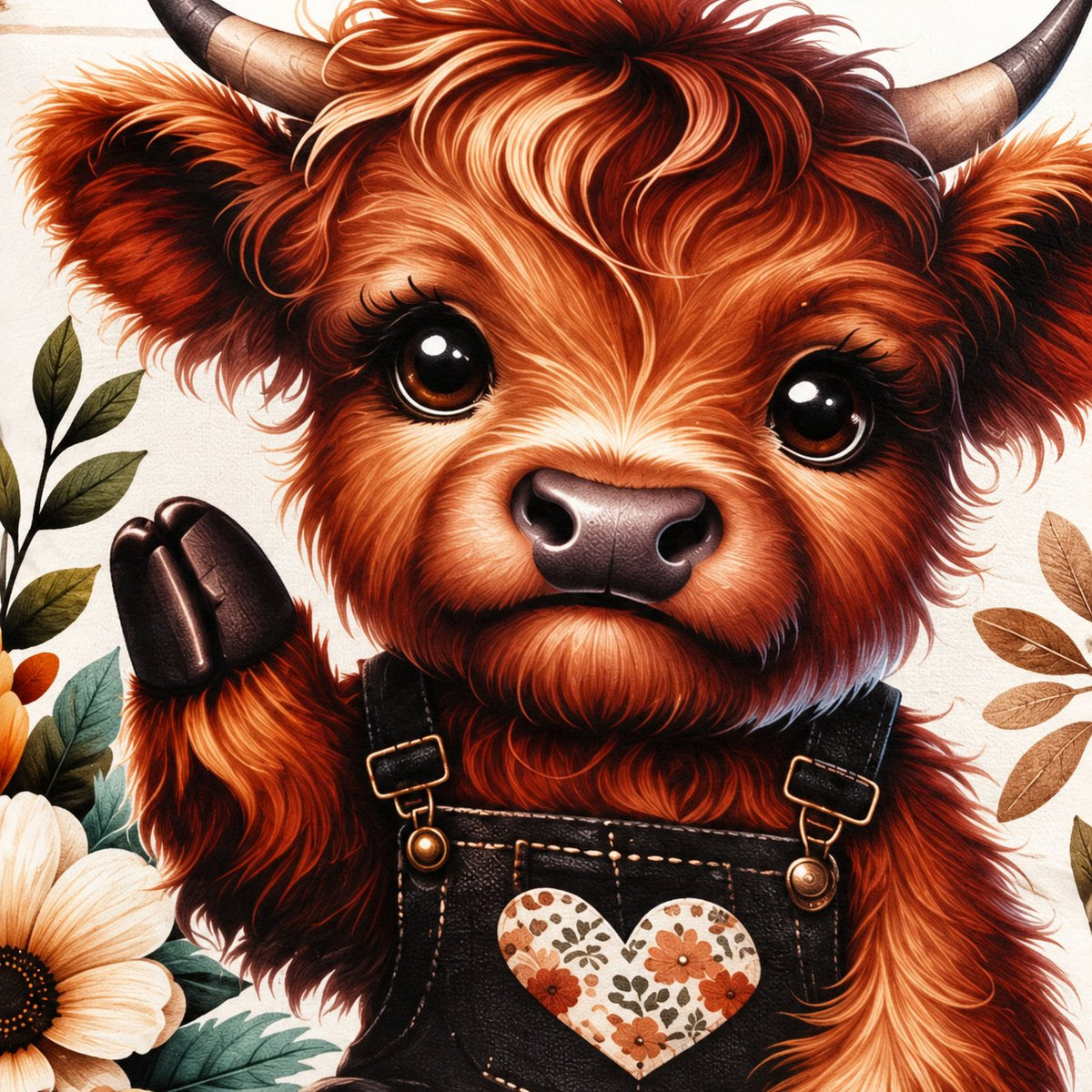 Close-up of the printed Highland calf face, raised hoof and floral heart on dark dungarees