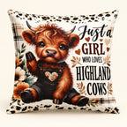 Cream cushion cover printed with a Highland calf in dark dungarees and the wording Just a Girl Who Loves Highland Cows