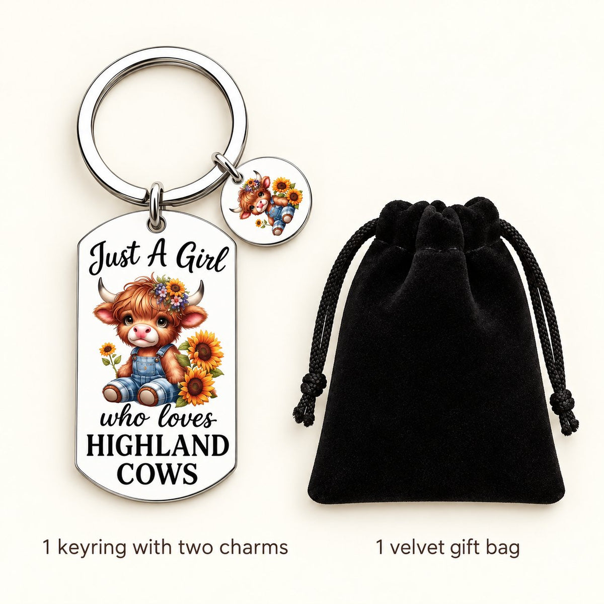 Set contents: one Highland cow keyring with two charms and one black velvet gift bag