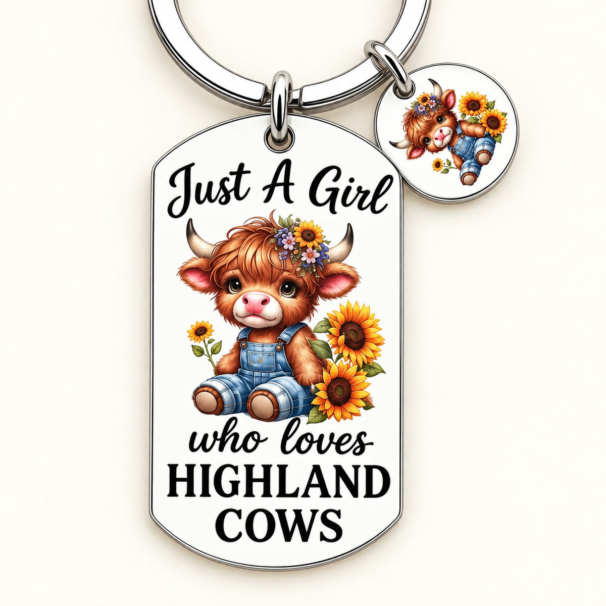 Close-up of Just a Girl who loves Highland Cows lettering and sunflower calf charms
