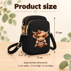 Leopard Bow Highland cow mini crossbody bag size guide: approximately 11 cm wide, 17 cm high and 5 cm deep.