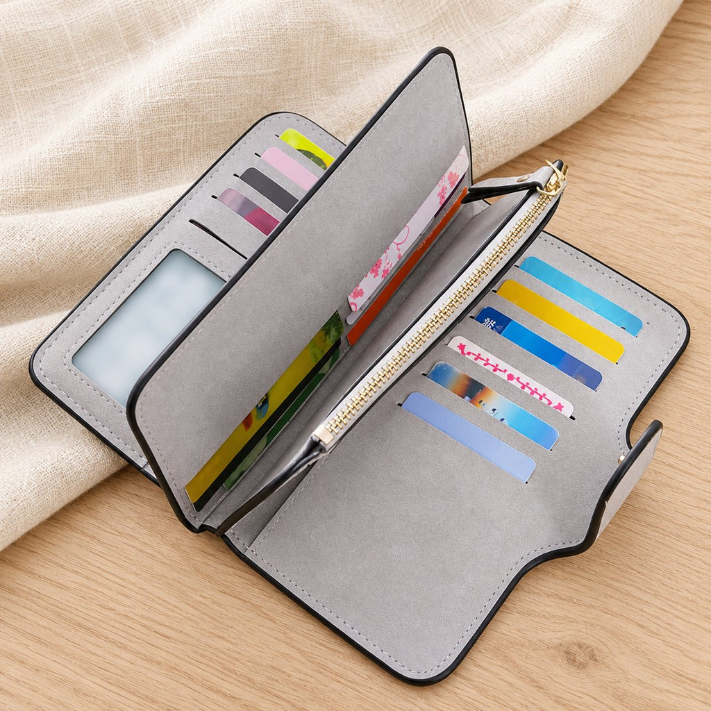 Open Highland cow wallet showing grey lining, card slots, clear ID window and zipped compartment