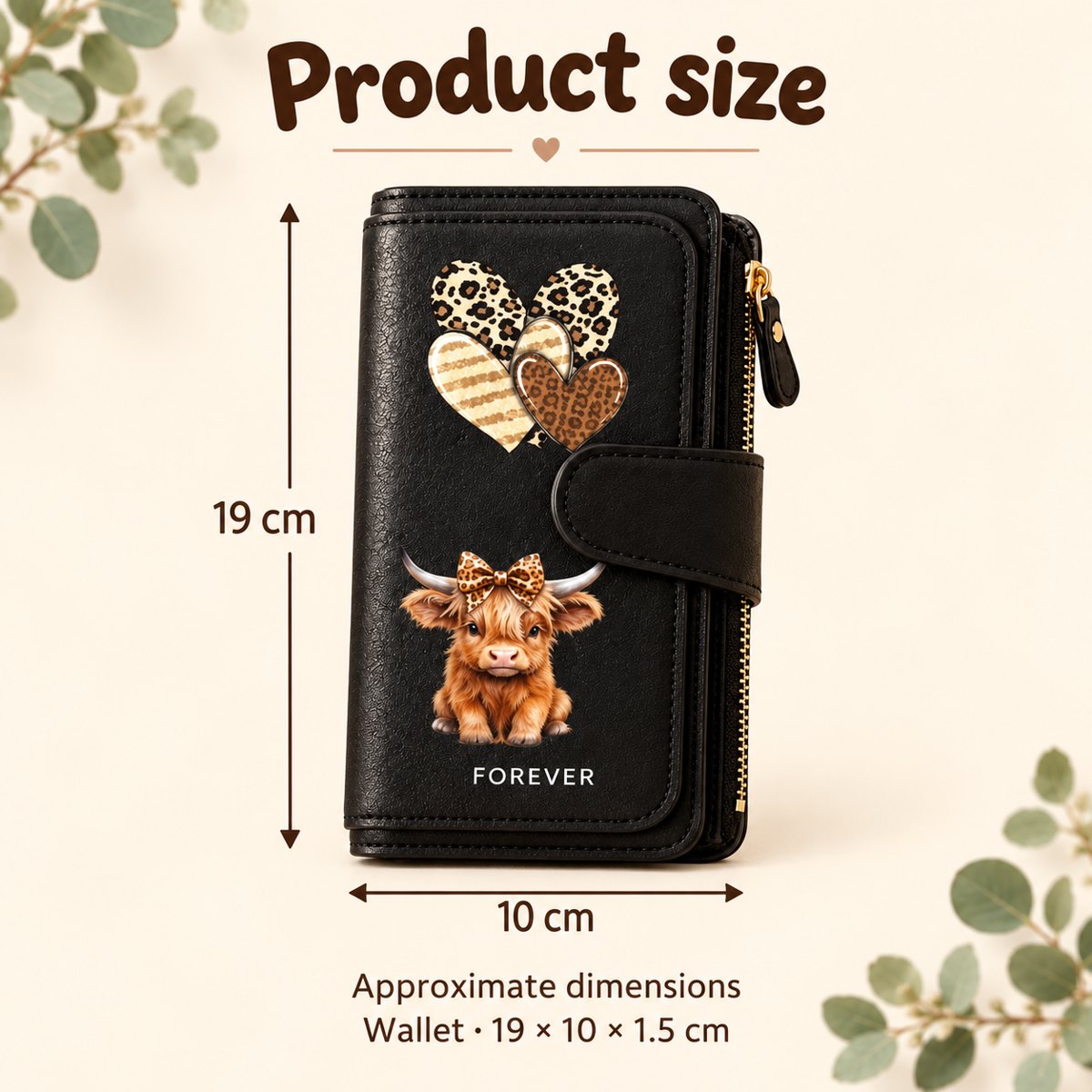 Highland cow wallet size guide: approximately 19 cm high, 10 cm wide and 1.5 cm deep