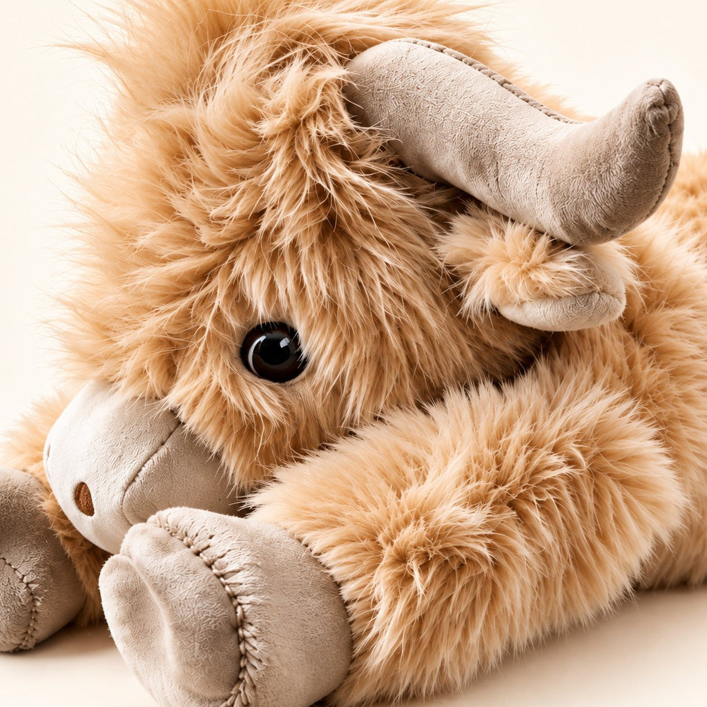 Close-up of the lying plush cow’s eye, curved horn, shaggy tan fur and stitched hoof