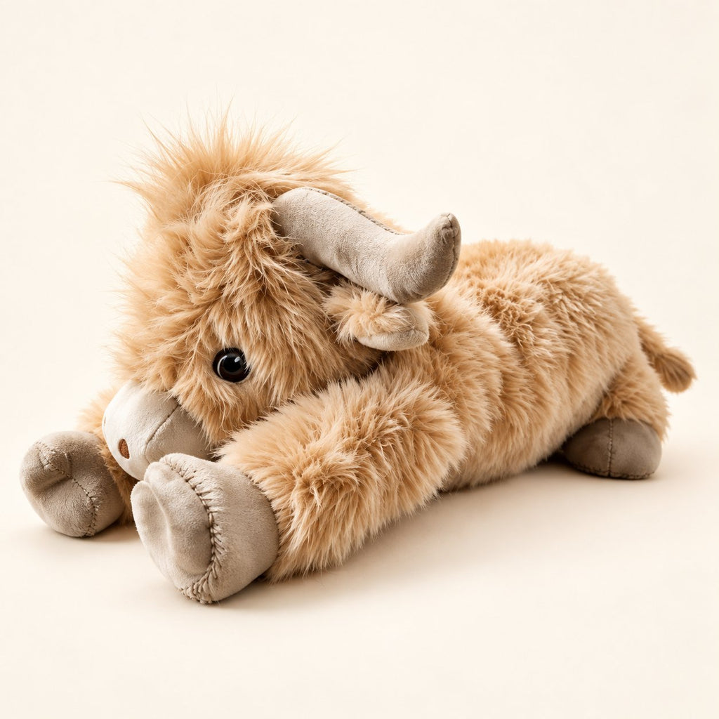 Tan Highland cow plush in a lying pose with curved taupe horns and stitched hoof pads