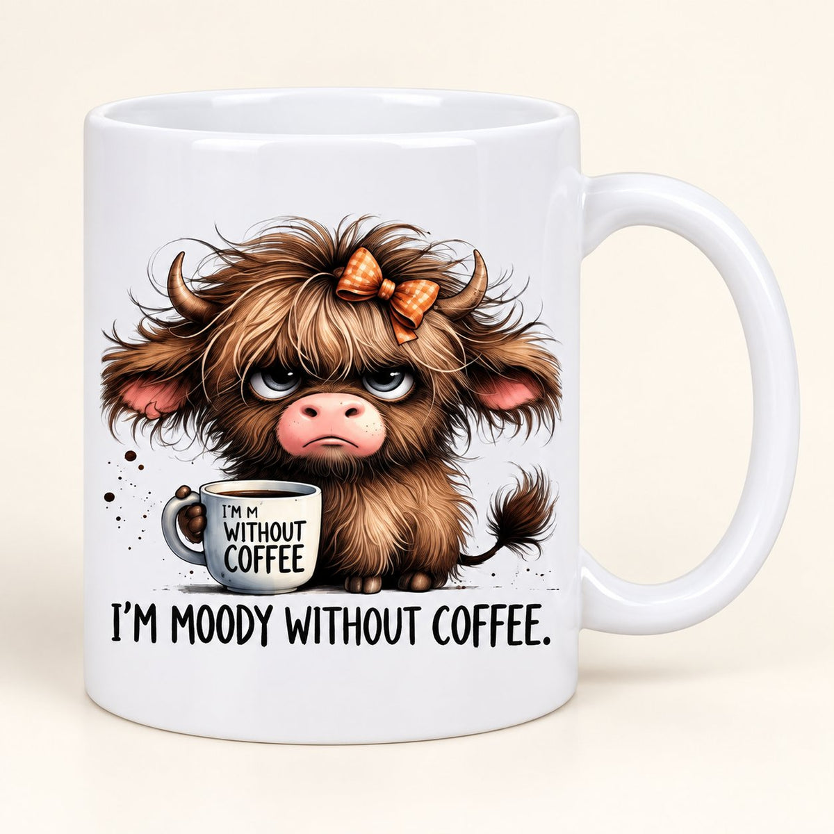White ceramic Highland cow mug with a grumpy calf, orange checked bow and I’m Moody Without Coffee wording.