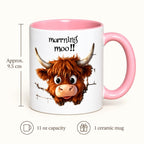 Morning Moo pink Highland cow mug dimensions: approximately 9.5 cm high, 11 oz capacity, one mug included.