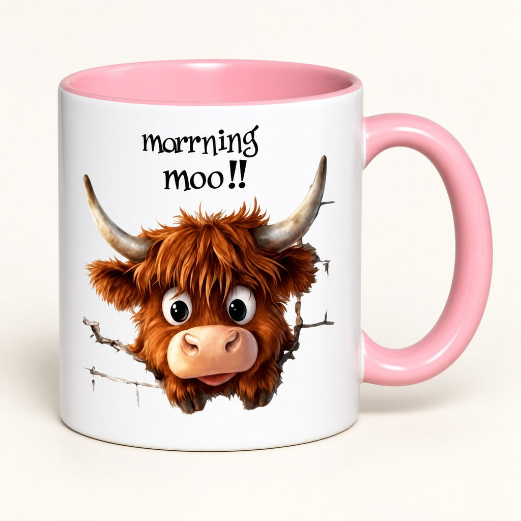 Morning Moo Highland cow ceramic mug with pink handle and interior and a cartoon cow peeking through printed cracks.