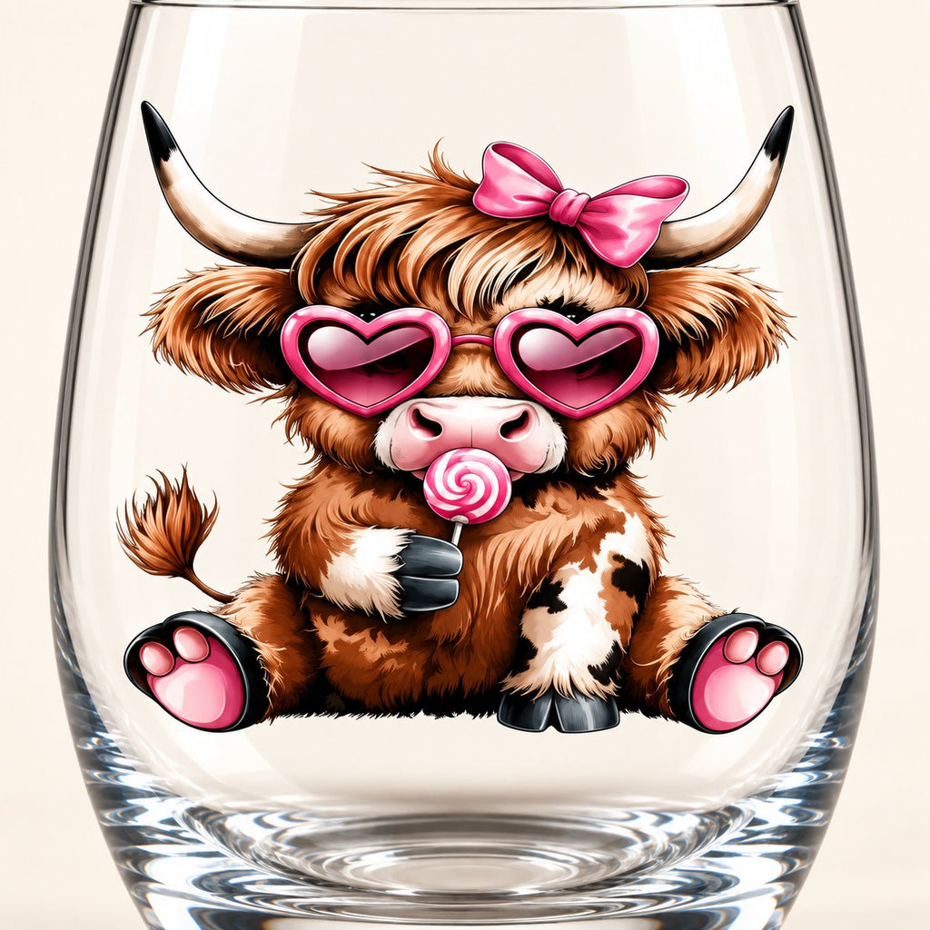 Close-up of the Highland calf print, pink heart-shaped glasses, bow and lollipop on the clear glass.