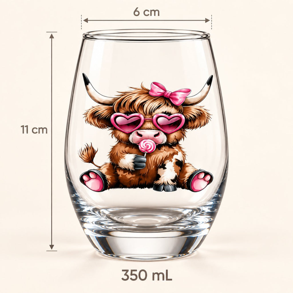 Pink bow Highland cow stemless glass showing approximately 11 cm height, 6 cm rim diameter and 350 mL capacity.