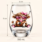 Pink bow Highland cow stemless glass showing approximately 11 cm height, 6 cm rim diameter and 350 mL capacity.