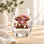 Pink bow Highland cow stemless glass styled on pale timber with neutral linen and greenery; decorative props are not included.