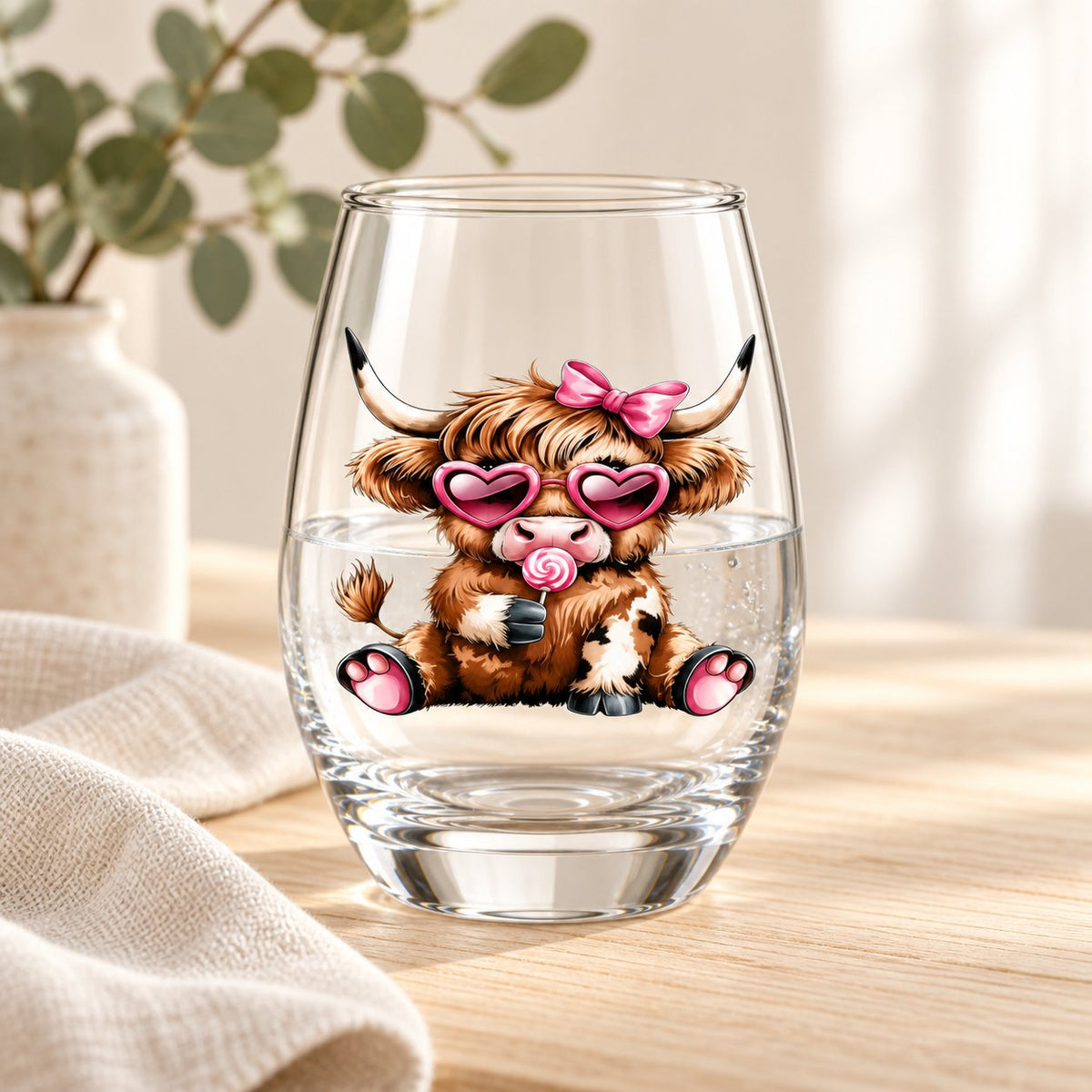 Pink bow Highland cow stemless glass styled on pale timber with neutral linen and greenery; decorative props are not included.