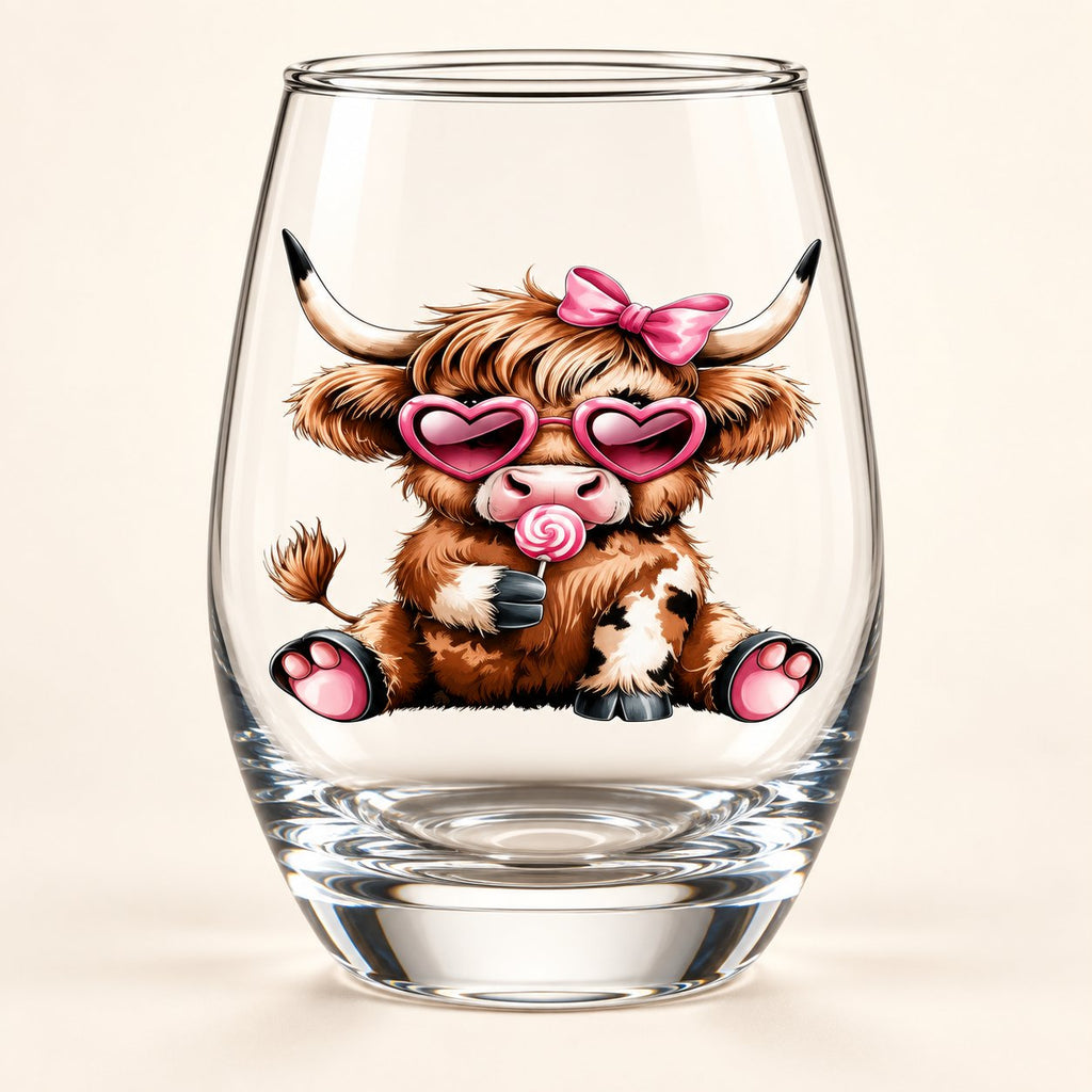Clear stemless glass with a Highland calf wearing a pink bow and heart-shaped glasses, holding a pink lollipop.