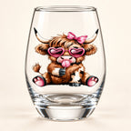 Clear stemless glass with a Highland calf wearing a pink bow and heart-shaped glasses, holding a pink lollipop.
