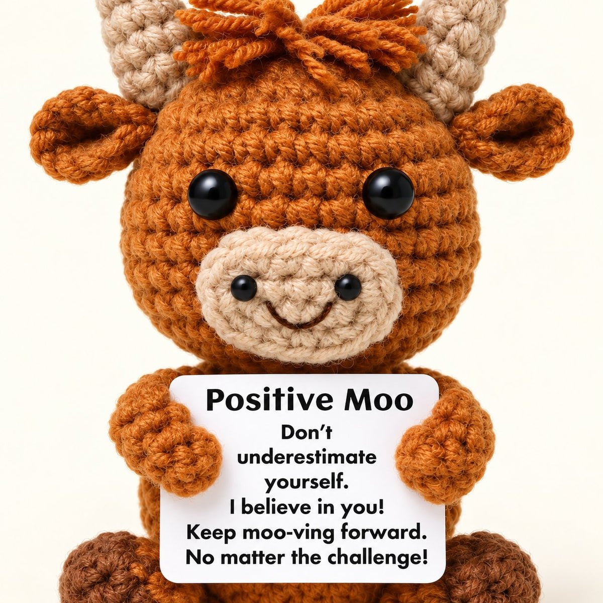 Close-up of the knitted cow’s smiling face and full Positive Moo message card