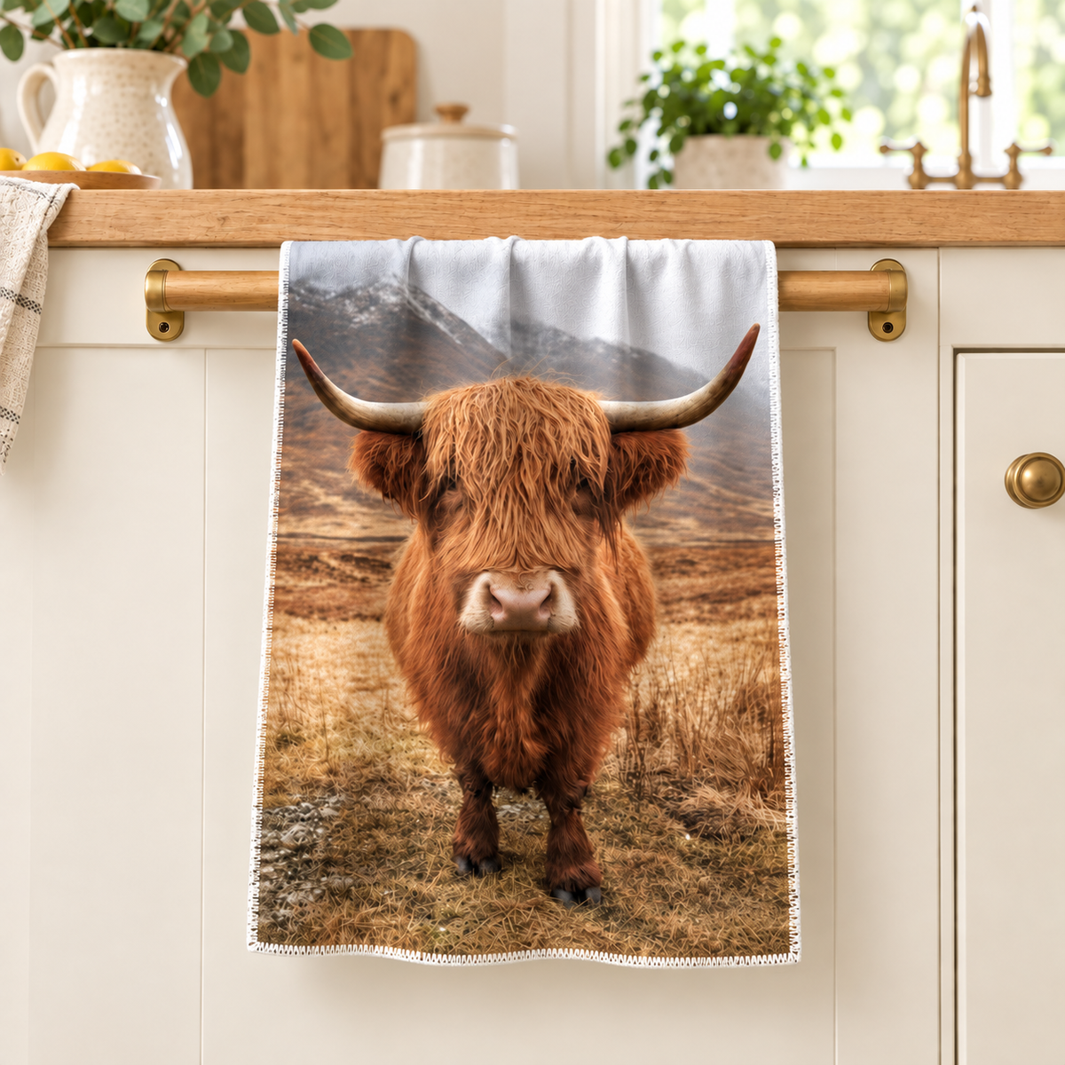 One realistic Highland cow tea towel draped naturally over a wooden rail in a warm ivory kitchen, with soft fabric folds. Sold individually.