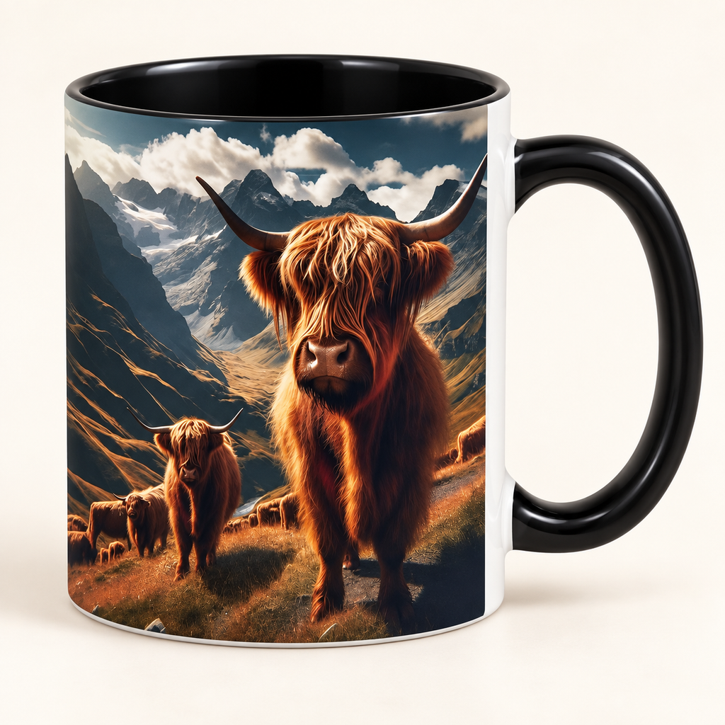 Close-up of the Realistic Mountain Highland Cow Mug showing the mountain and cow artwork, black ceramic handle and black interior against warm ivory.