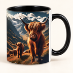 Close-up of the Realistic Mountain Highland Cow Mug showing the mountain and cow artwork, black ceramic handle and black interior against warm ivory.
