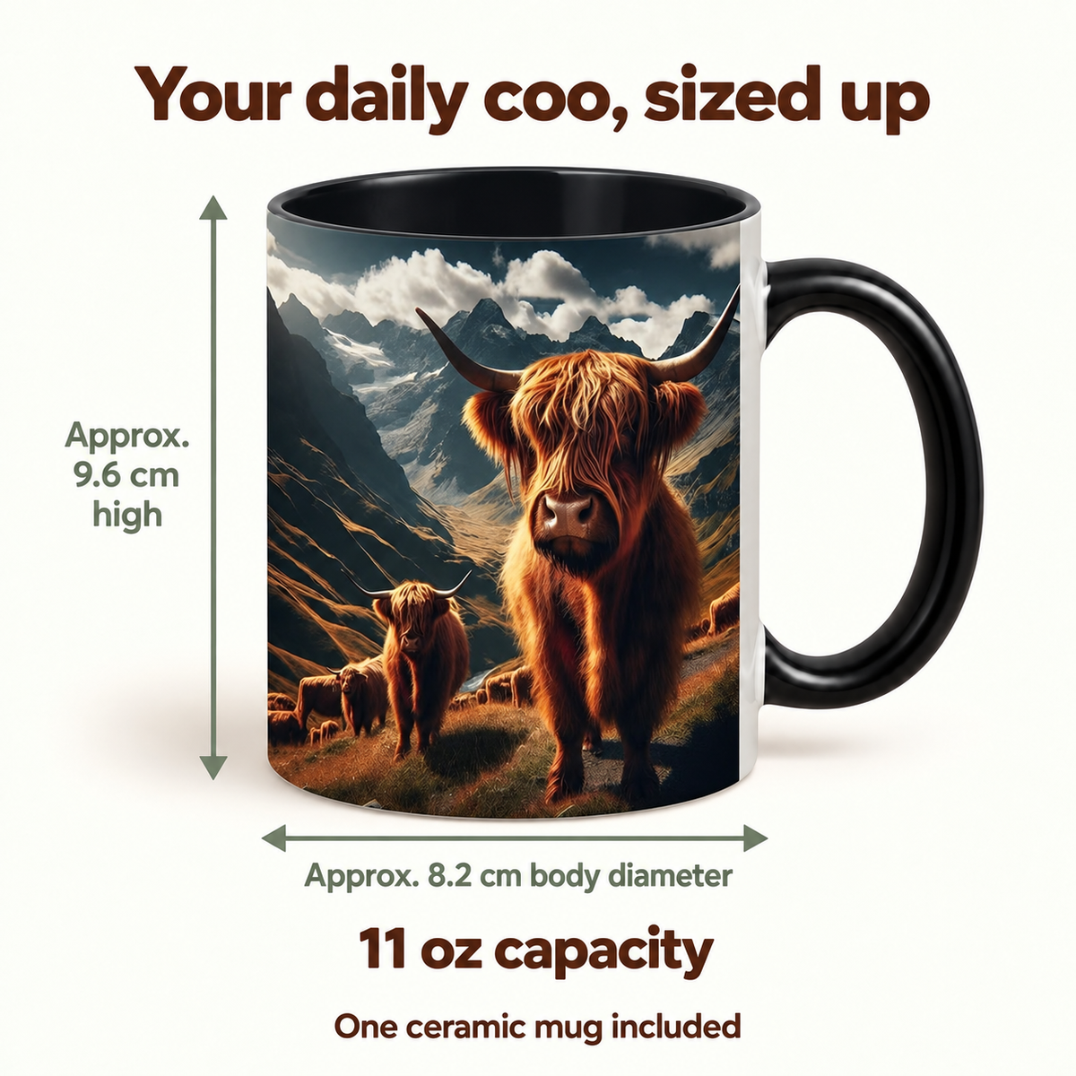 Realistic Mountain Highland Cow Mug size guide: approximately 9.6 cm high, 8.2 cm body diameter and 11 oz capacity. One ceramic mug included.