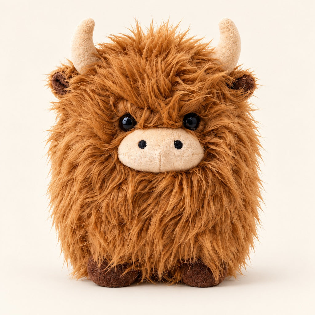 Brown shaggy Highland cow plush, approximately 22 cm, with cream horns and a beige muzzle on an ivory background. Sold individually.