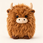 Brown shaggy Highland cow plush, approximately 22 cm, with cream horns and a beige muzzle on an ivory background. Sold individually.