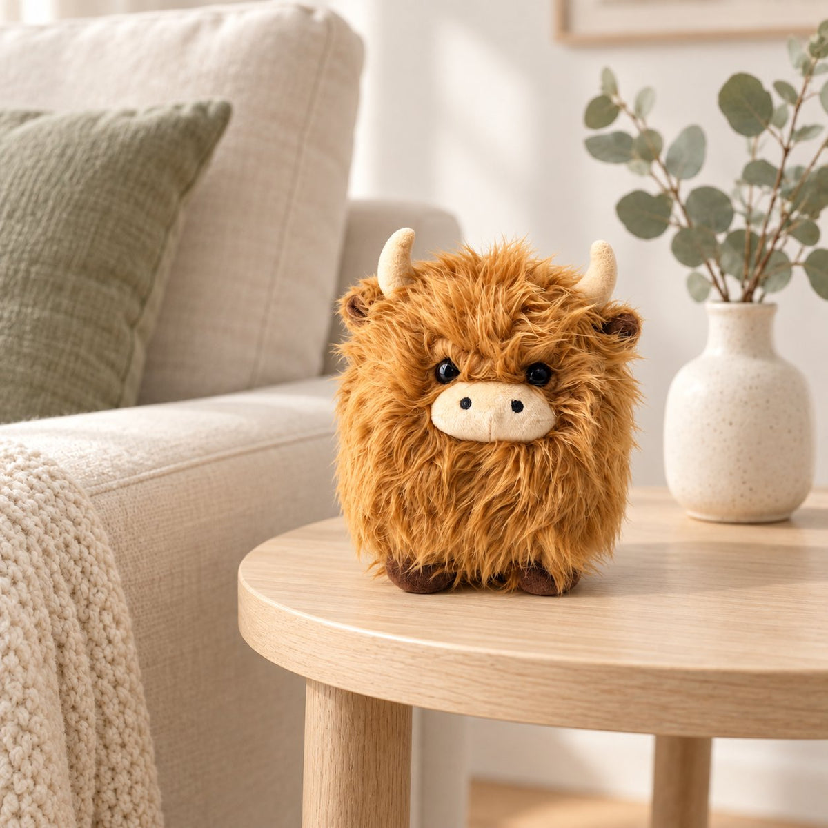 Brown Highland cow plush on a pale timber table beside a cream sofa; decorative props not included
